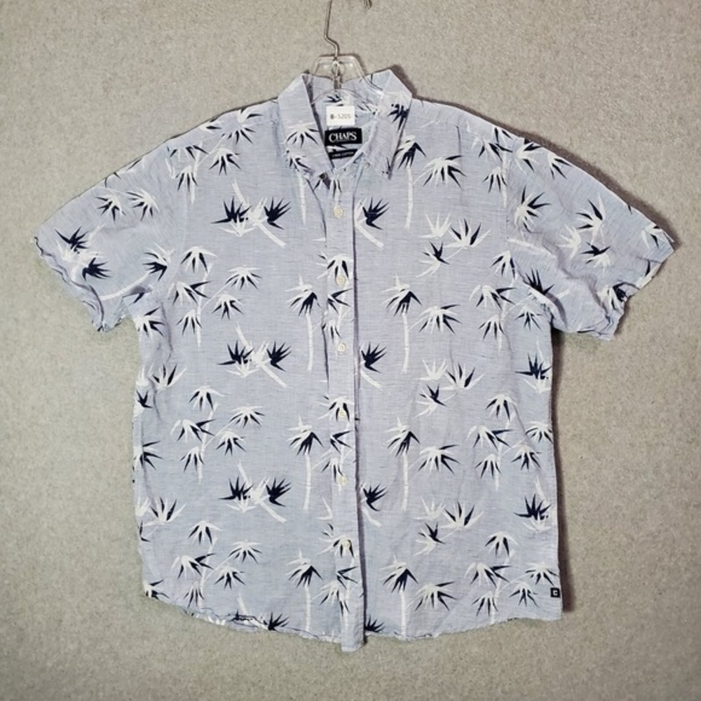 Chaps‎ Men Button Up Shirt L Gray Linen Cotton Short Sleeve Collar